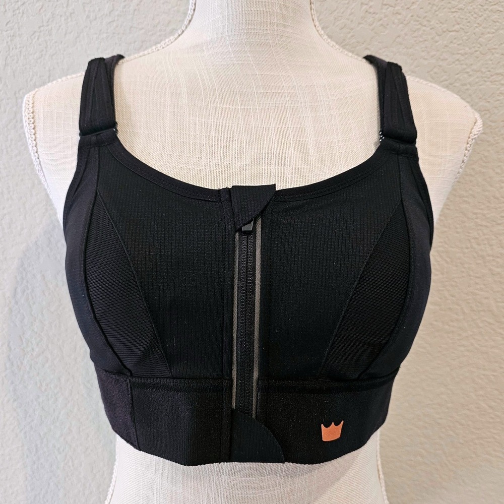 SHEFIT High Impact Sports Bra Black Zip Front Padded Size Luxe